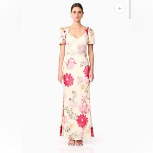 elliatt rosalina cream & pink floral print puff sleeve maxi satin dress large